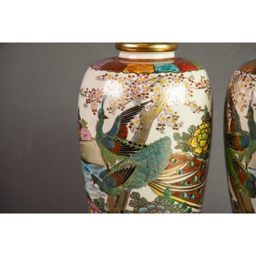 163 - PAIR OF EARLY TWENTIETH CENTURY JAPANESE AWATA FAYENCE OVIFORM SHOULDERED VASES, each decorated with... 