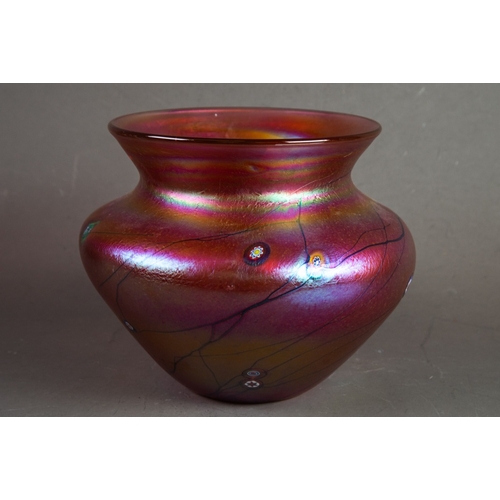 241 - JOHN DITCHFIELD (GLASFORM) iridescent CANE inlaid and streaked PINK GLASS BOWL, signed and numbered ... 