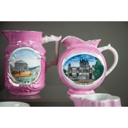 114 - TWENTY EIGHT PIECES OF ‘MADE IN GERMANY’ BRITISH SOUVENIR PORCELAIN WITH PINK GROUNDS, including JUG... 