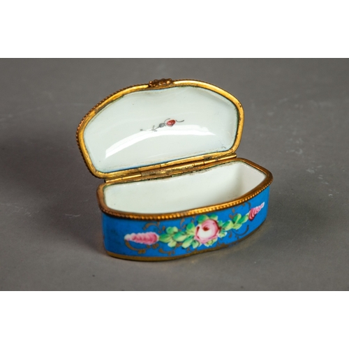 111 - LIMOGES HAND PAINTED AND GILT METAL MOUNTED PORCELAIN PILL BOX, of shaped oblong form with hinged an... 