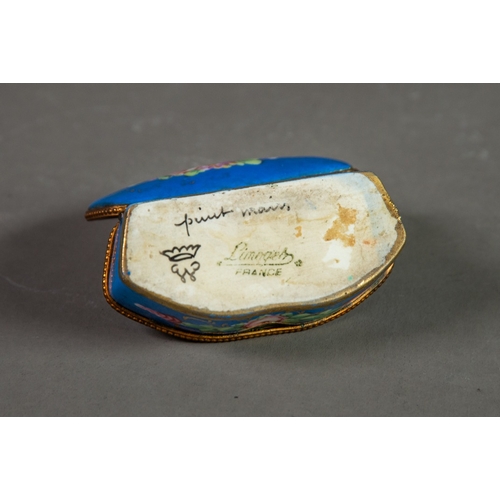 111 - LIMOGES HAND PAINTED AND GILT METAL MOUNTED PORCELAIN PILL BOX, of shaped oblong form with hinged an... 