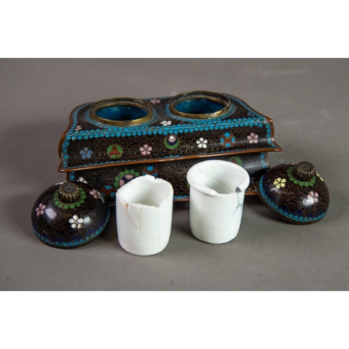 178 - JAPANESE MEIJI PERIOD CLOISONNE DOUBLE INKWELL, of shaped oblong form with white ceramic holders, do... 