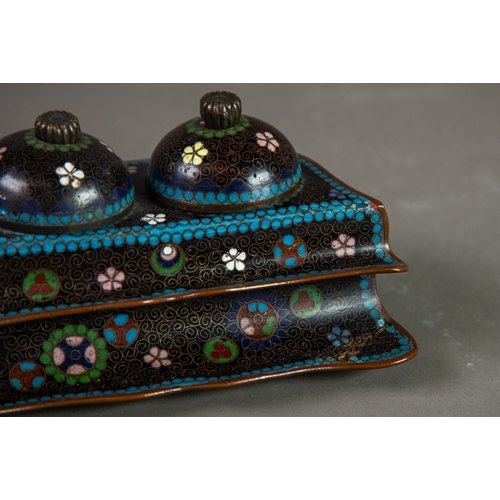 178 - JAPANESE MEIJI PERIOD CLOISONNE DOUBLE INKWELL, of shaped oblong form with white ceramic holders, do... 