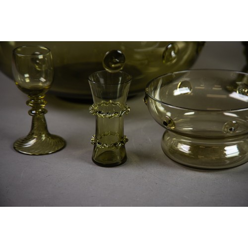 240 - SET OF 8 CONTINENTAL PALE GREEN GLASS RUMMERS each with cup-shaped fluted bowl applied with prunts, ... 