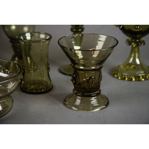 240 - SET OF 8 CONTINENTAL PALE GREEN GLASS RUMMERS each with cup-shaped fluted bowl applied with prunts, ... 