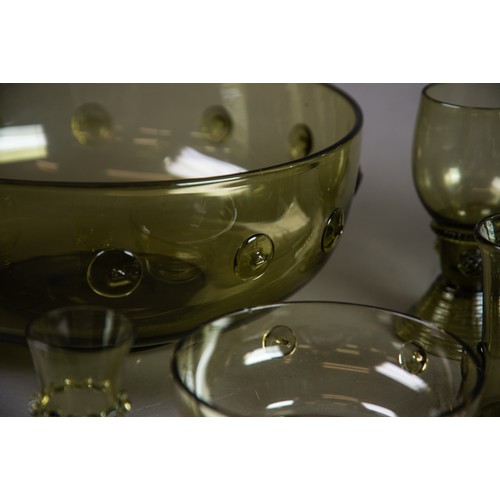 240 - SET OF 8 CONTINENTAL PALE GREEN GLASS RUMMERS each with cup-shaped fluted bowl applied with prunts, ... 