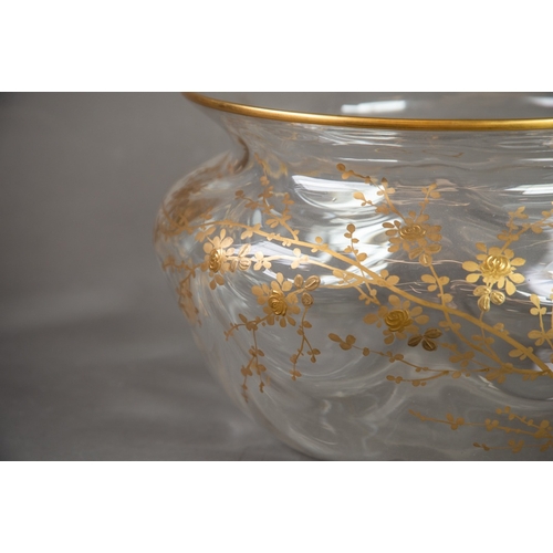 237 - A LARGE CONTINENTAL BLOWN GLASS OVULAR BOWL with embossed gilt decoration of delicate foliate and fl... 