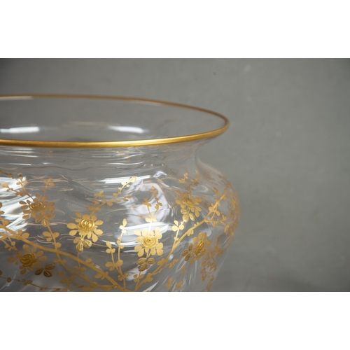 237 - A LARGE CONTINENTAL BLOWN GLASS OVULAR BOWL with embossed gilt decoration of delicate foliate and fl... 