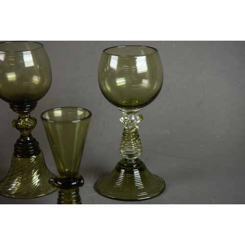 239 - CONTINENTAL GREEN GLASS RUMMERS AND SIMILAR DRINKING GLASSES plus A PAIR OF TALL WINE JUGS AND STOPP... 