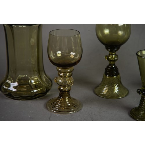 239 - CONTINENTAL GREEN GLASS RUMMERS AND SIMILAR DRINKING GLASSES plus A PAIR OF TALL WINE JUGS AND STOPP... 