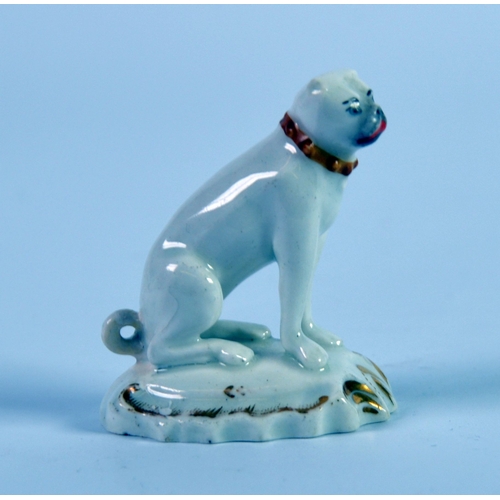 92 - NINETEENTH CENTURY DERBY PORCELAIN MODEL OF A SEATED PUG, heightened in gilt and raised on an oval, ... 