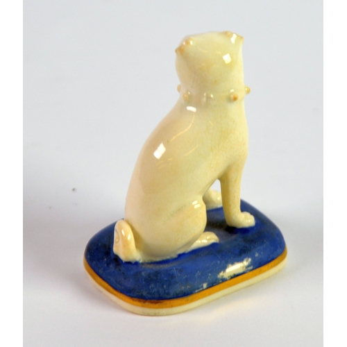 132 - NINETEENTH CENTURY ENGLISH PORCELAIN MODEL OF A SEATED PUG, white glazed, on a blue and gilt lined r... 