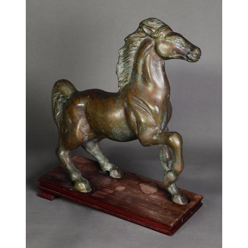 177 - ORIENTAL ANTIQUE STYLE PATINATED BRONZE MODEL OF A HORSE, modelled with front right leg raised, 11 ½... 