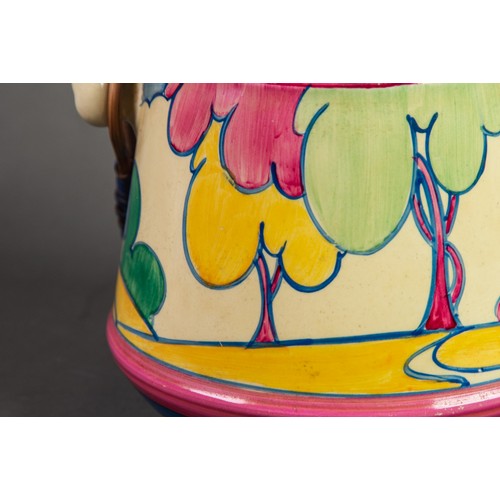 51 - CLARICE CLIFF, NEWPORT POTTERY, BIZARRE 'FANTASQUE' WOODLAND PATTERN BISCUIT BARREL with COVER and B... 