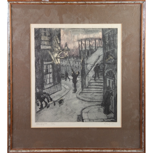 136 - HAROLD RILEY (1934-2023) ARTIST SIGNED LIMITED EDITION COLOUR PRINT 'Lamplighter' Signed, titled and... 