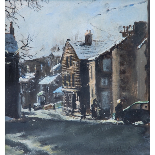 119 - SONYA RATCLIFFE (1939-2019) OIL PAINTING ON BOARD Street scene Delph 'Oldham Under Snow' Signed lowe... 