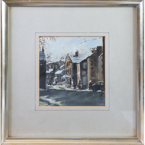 119 - SONYA RATCLIFFE (1939-2019) OIL PAINTING ON BOARD Street scene Delph 'Oldham Under Snow' Signed lowe... 