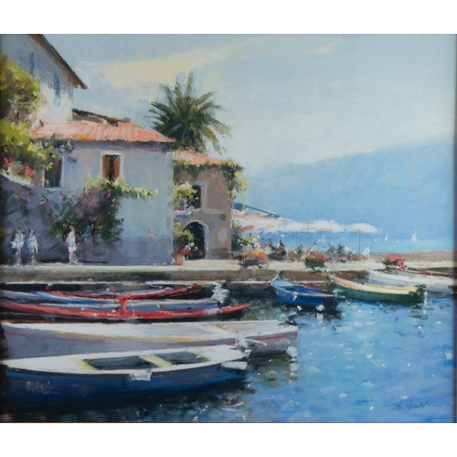 126 - BOB RICHARDSON (1938) PASTELMediterranean Harbour scene with small boats and restaurant Signed 16 ½”... 