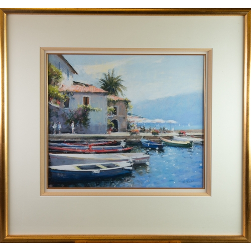 126 - BOB RICHARDSON (1938) PASTELMediterranean Harbour scene with small boats and restaurant Signed 16 ½”... 