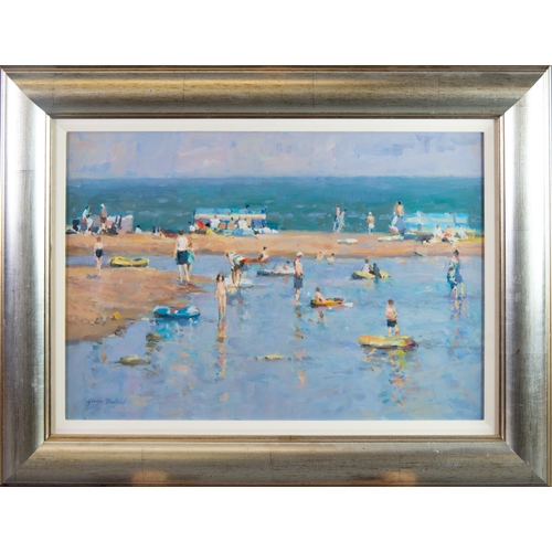 117 - GORDON RADFORD (1936-2015) OIL ON BOARD‘The Blue Dinghy’, beach sceneSigned, titled verso 13 ½” x 19... 