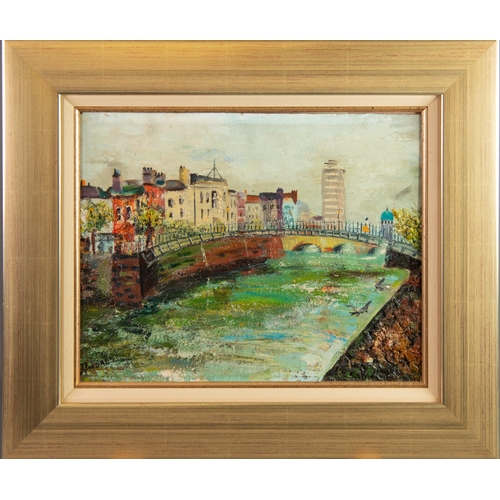 23 - DOLORES? (TWENTIETH/ TWENTY FIRST CENTURY) MIXED MEDIA ON BOARD Half Penny Bridge, DublinSigned 13 ½... 