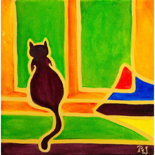 187 - PATRICIA WARRINGTON (Contemporary) OIL PAINTING ON CANVAS 'Cat on Windowsill' Signed with initials l... 