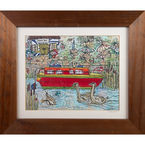 140 - JO ROTHWELL (Contemporary) TEXTILE STITCH and WATERCOLOUR 'Duck Inn' Signed & dated (20)09 on th... 