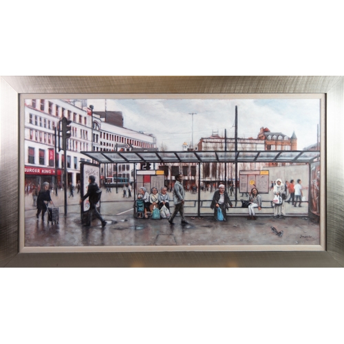 89 - STACEY MANTON (b.1971) OIL PAINTING ON BOARD Piccadilly Gardens, Manchester Signed 'Stacey' and date... 