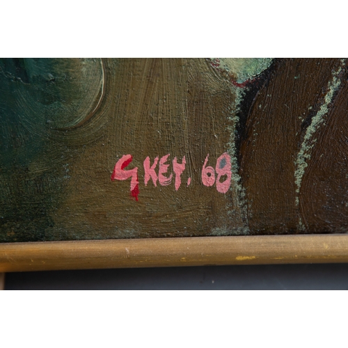 72 - GEOFFREY KEY (1941)OIL ON CANVAS‘The Oracle’ Signed and dated (19)68, titled to label verso24” x 32”... 