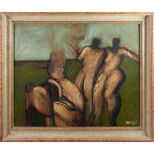 73 - GEOFFREY KEY (1941) OIL ON CANVAS ‘Nab Figures’ Signed and dated (19)67, titled to label verso19 ¾” ... 