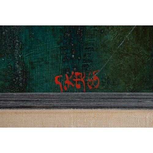 75 - GEOFFREY KEY (1941)OIL ON BOARD‘Follow Me’ Signed and dated (19)65, titled to label verso 27 ¼” x 21... 