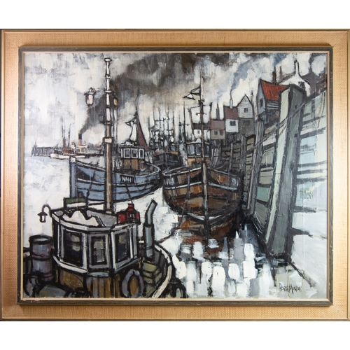 100 - ROGER MURRAY (TWENTIETH CENTURY) OIL ON CANVAS‘Smoke and Boats at Whitby’ Signed, titled and dated S... 