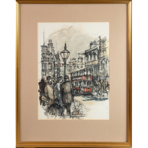 101 - ROGER MURRAY (TWENTIETH CENTURY) PEN AND WASH London Street scene with figures and red busSigned12 ¾... 