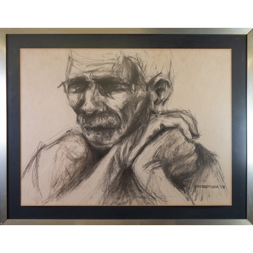 114 - DAVID STEFAN PRZEPIORA (1944)GRAPHITE Shoulder length portrait of an elderly man clasping his hands ... 