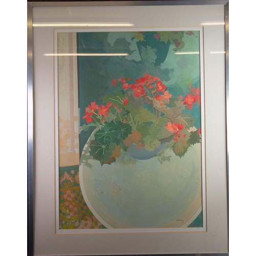 42 - IRENE HALLIDAY (1931-2023) WATERCOLOUR Still-Life, vase of flowers on a table topSigned 29” x 21” (7... 