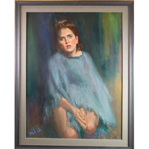 50 - DOUGLAS HILLS (1924-1988)OIL ON BOARD‘Blue Girl’ Signed, tilted verso 29 ½” x 22 ½” (75cm x 57cm)... 