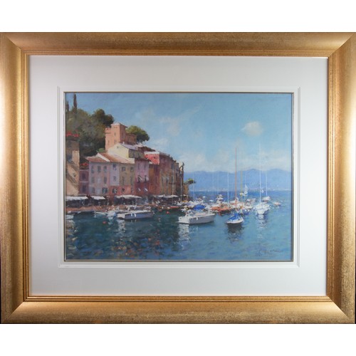 128 - BOB RICHARDSON (1938) PASTEL Harbour scene with moored boats, probably PortofinoSigned 18” x 24 ½” (... 