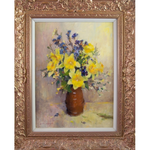 118 - GORDON RADFORD (1936-2015)PAIR OF OILS ON BOARD Still-Lifes, flowers, Daffodils in a vase and White ... 