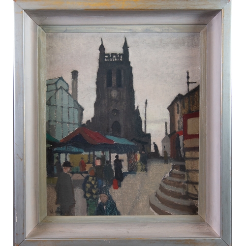 144 - HARRY RUTHERFORD (1903-1985) OIL ON BOARD‘Stockport, Steps and Church’ Signed, titled to Tib Lane Ga... 