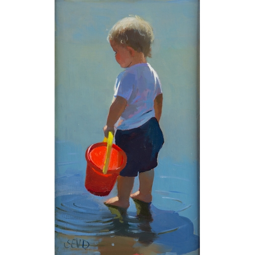 217 - SHEREE VALENTINE DAINES (1959)OIL ON BOARD‘The Red Bucket’ Signed with initials, titled to gallery l... 