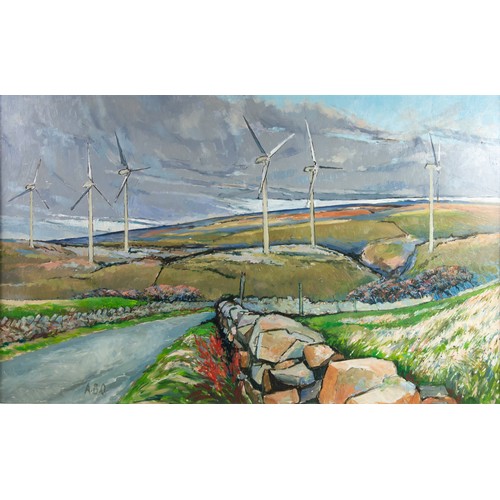 105 - ALBERT B. OGDEN (1928 - 2022) OIL PAINTING ON BOARD Wind Farm, Caton Moor Signed with initials A.O.B... 