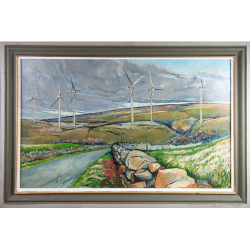 105 - ALBERT B. OGDEN (1928 - 2022) OIL PAINTING ON BOARD Wind Farm, Caton Moor Signed with initials A.O.B... 