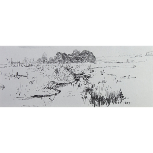 109 - ALBERT B. OGDEN (1928 - 2022) GRAPHITE DRAWING Landscape with stream in the foreground 5 1/2in x 13 ... 