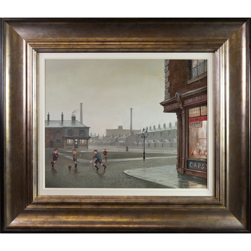 147 - STEVEN SCHOLES (1952) OIL PAINTING Bygone Street scene with boys playing footballSigned 15 ½” x 19 ½... 