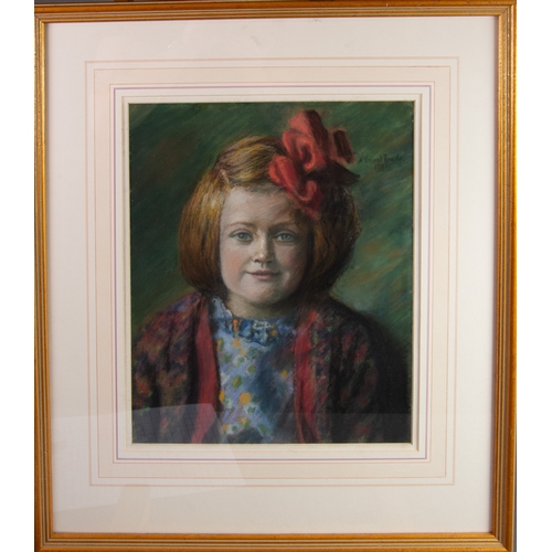 122 - ALBERT VINCENT READE (1864-1940) PASTELBust length portrait of a young girl with a red bow in her ha... 