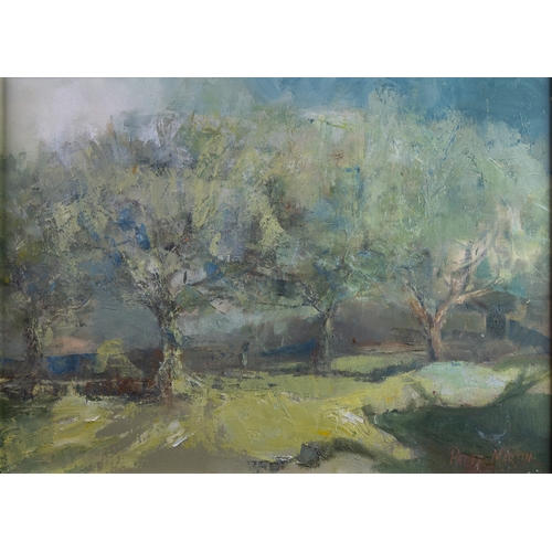 90 - PATTY MARTIN (TWENTIETH CENTURY) OIL ON BOARD‘Summer Apple Trees’ Signed, titled to label verso17” x... 