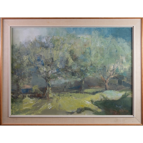 90 - PATTY MARTIN (TWENTIETH CENTURY) OIL ON BOARD‘Summer Apple Trees’ Signed, titled to label verso17” x... 