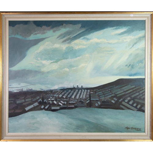 43 - ROGER HAMPSON (1925 - 1996) OIL PAINTING ON BOARD Accrington in Winter, a panoramic view with snow o... 