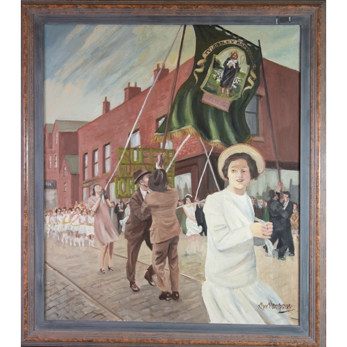 45 - ROGER HAMPSON (1925 - 1996) OIL PAINTING ON CANVAS Walking Day Incident, whit walks with banner bear... 