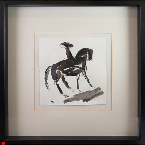 95 - JULIA MIDGLEY (20th century) PEN & INK ON PAPER Quixotic study of a horse and rider ‘Black Horse... 